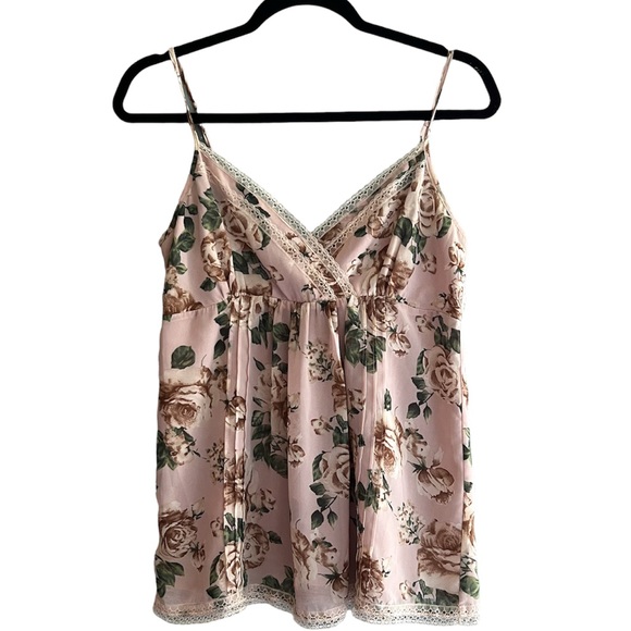 Forever 21 Tops - Forever21 Lace Trim Pink Floral Spaghetti Strap Cami Small